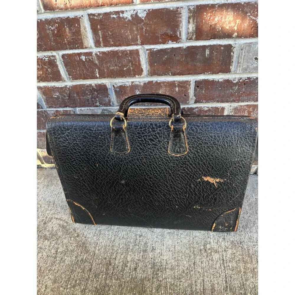 Antique Doctor Bag Physicians Black Pebble Grain Leather Art Deco Brass MCM Vtg
